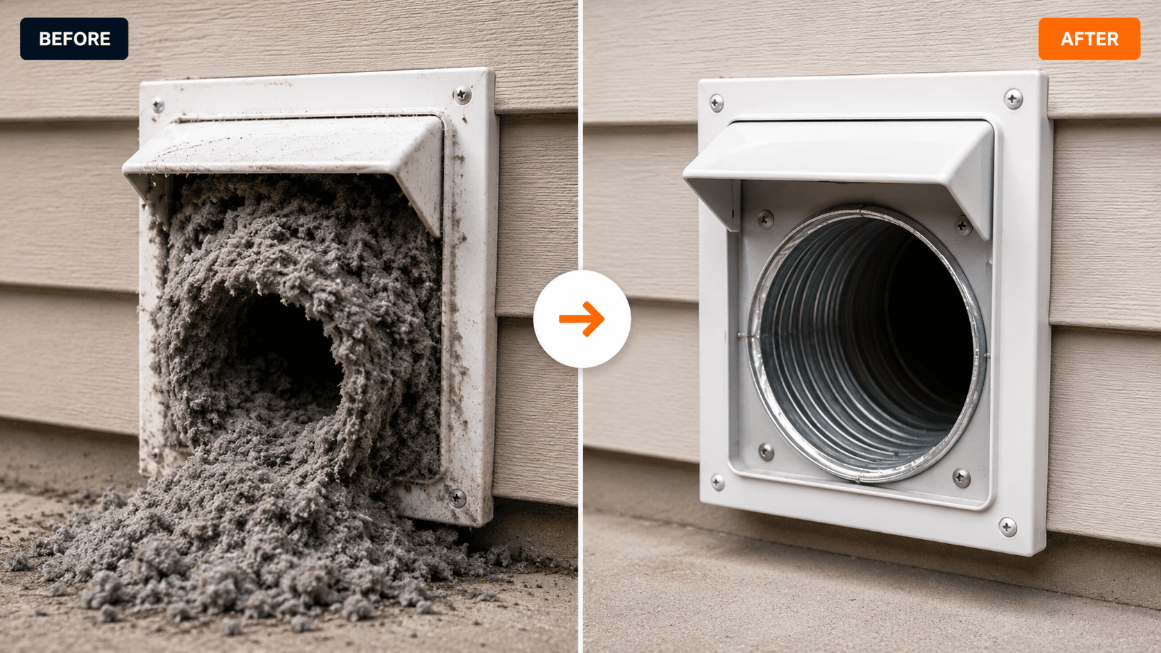 Before and after view of a clogged exterior dryer vent cleaned out