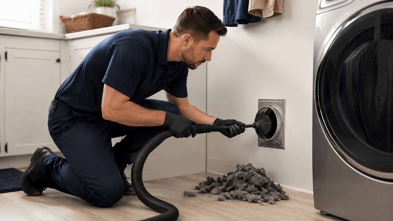 Dryer vent cleaning service removing lint buildup from a dryer vent