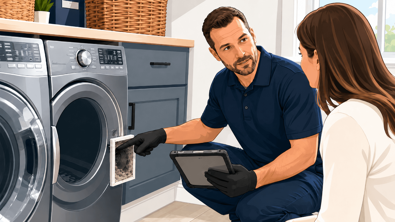 Dryer vent technician inspecting a laundry room vent with a homeowner