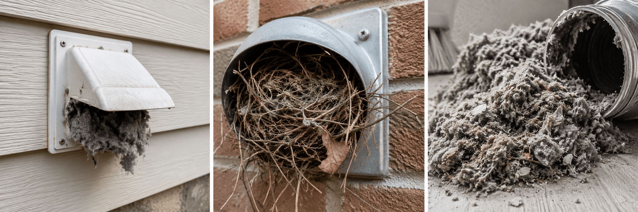 Examples of dryer vent blockages including lint buildup, nesting material, and clogged ducting