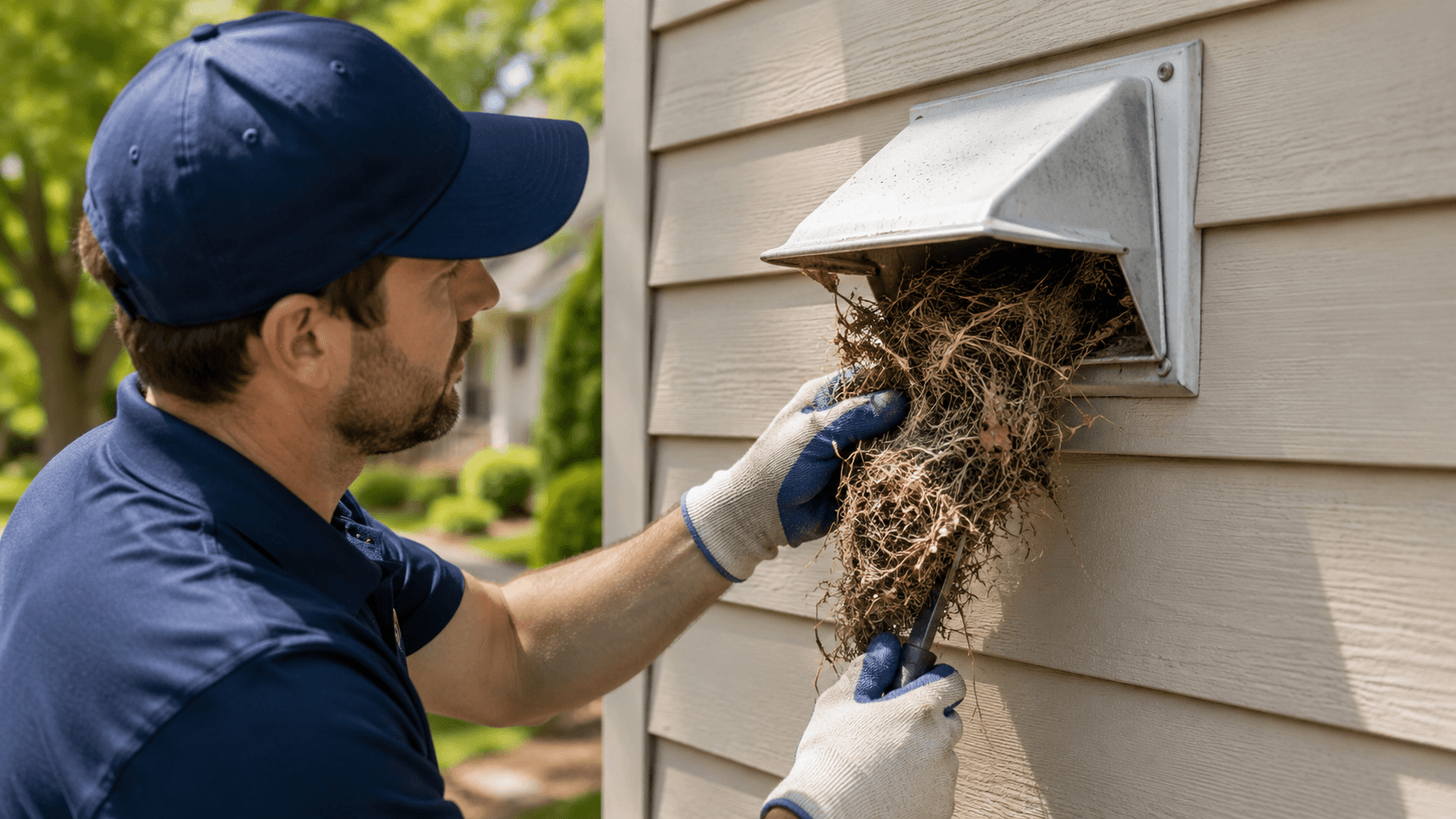 Bird nest removal from an exterior dryer vent opening