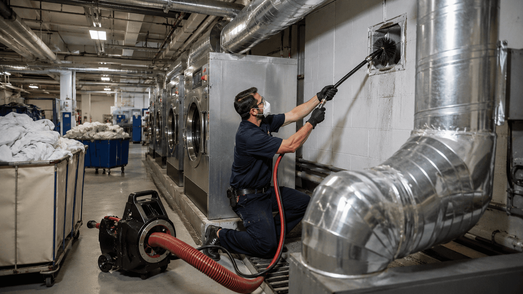 Commercial dryer vent lint buildup in a high-use laundry area